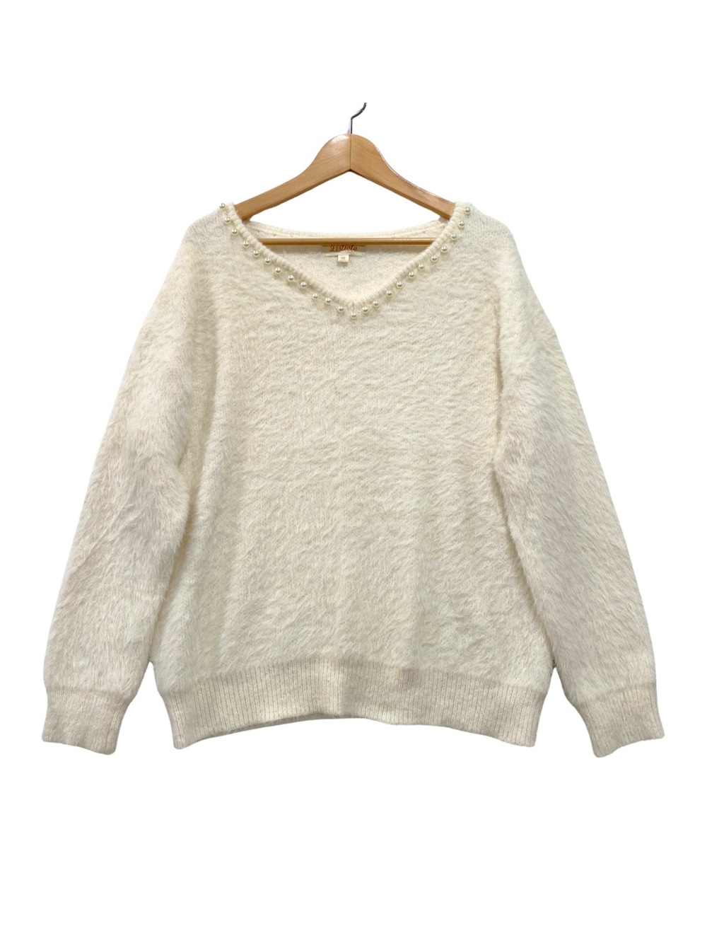 Listicle Cream Fuzzy V-Neck Pearl Trim Eyelash Knit Cozy Sweater Size M